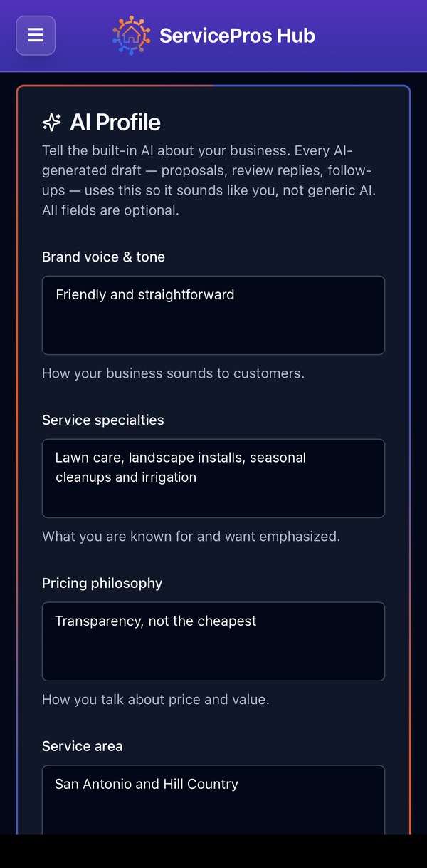 AI Profile screen — brand voice, specialties, pricing philosophy