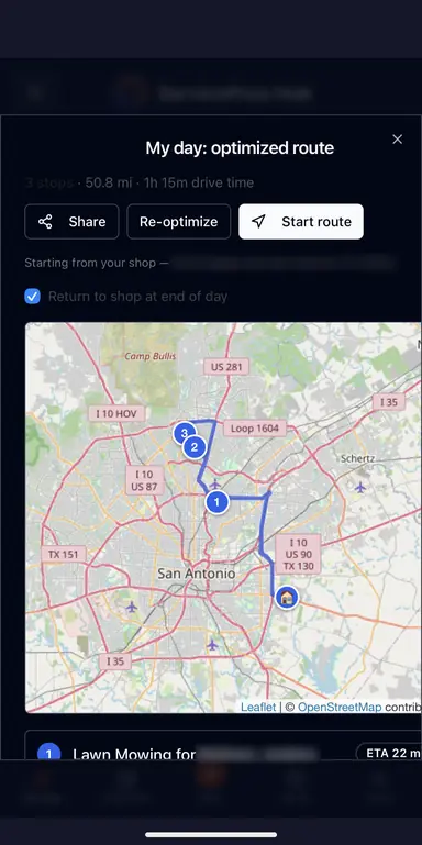 Optimized route in ServicePros Hub: a map with numbered stops from the shop, 50.8 miles and 1 h 15 min of driving