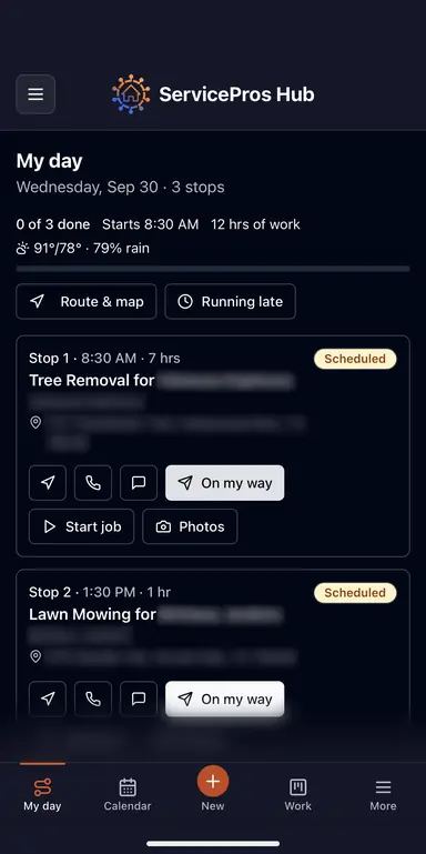 My day screen in ServicePros Hub: three stops with times, and Navigate, Call, Text and On my way buttons